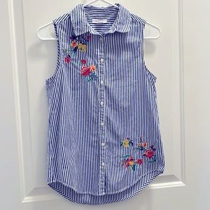 Springfield Blue & White Stripe Sleeveless Blouse with Collar and Floral Stitch